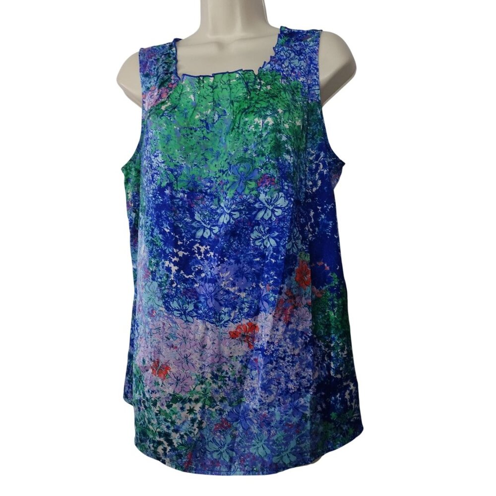 Sleeveless Tank Top Blouse Pleated Neckline Vibrant Blue Green Women Size L